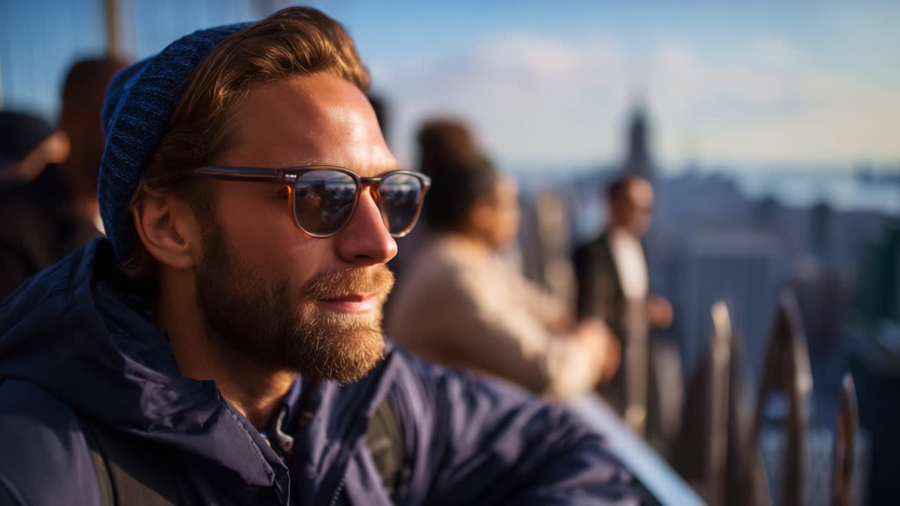 Uomo contemplativo che ammira la vista panoramica della città da un grattacielo con occhiali da sole e berretto in una giornata limpida, trasmettendo un senso di pace e meraviglia