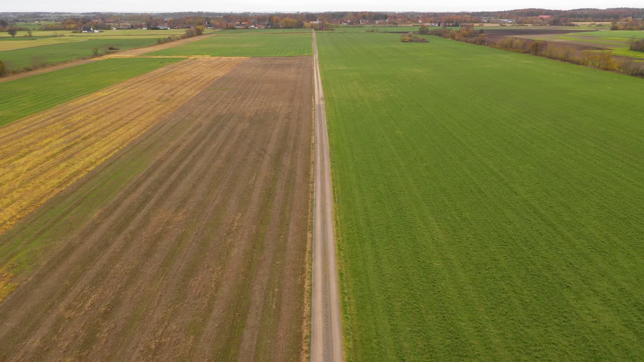 Aerial view of empty dirt road going through big green field