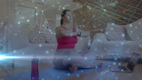 animación de la red de conexiones sobre la mujer meditando haciendo ejercicios en casa