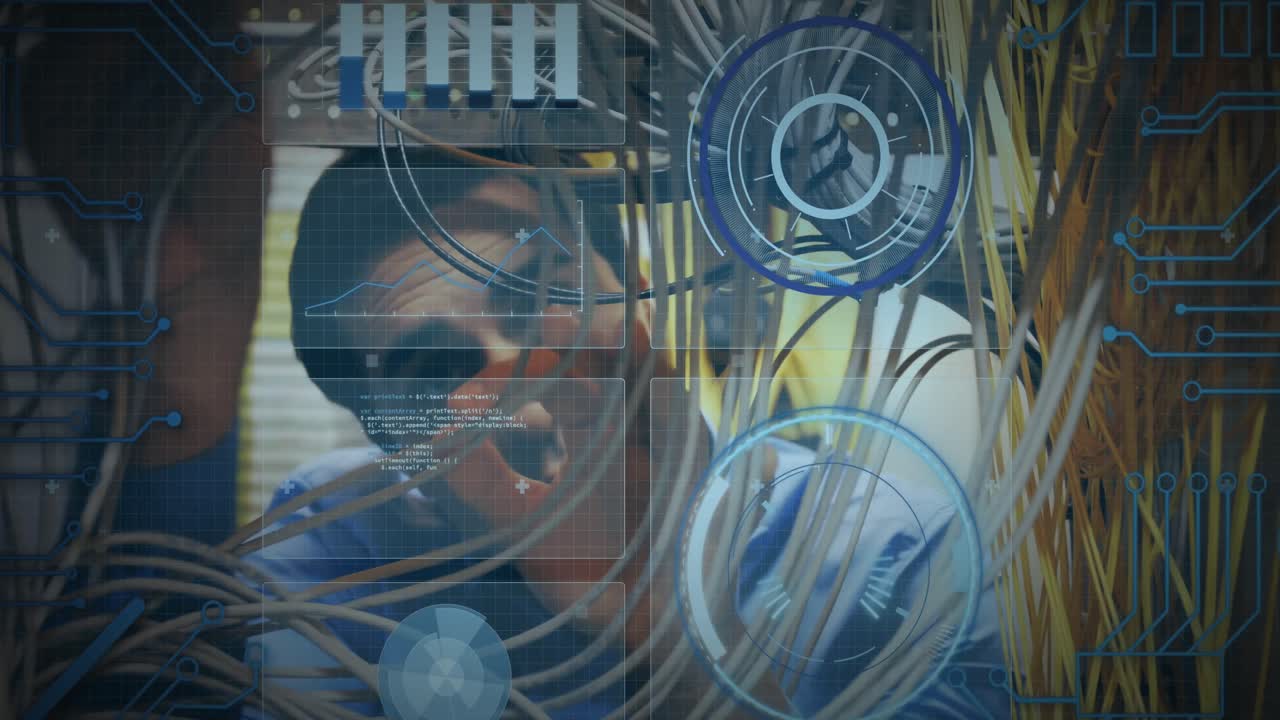 Animation of scope scanning and data processing over caucasian it man computer server