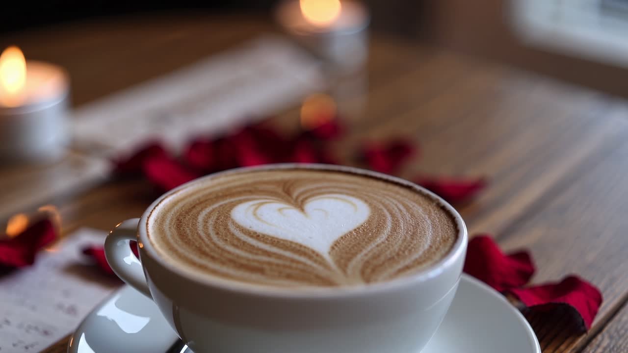 capuchino romántico con un delicado corazón de arte latte, complementado por pétalos de rosas rojas esparcidos y una vela suavemente brillante que descansa en una superficie de madera rústica