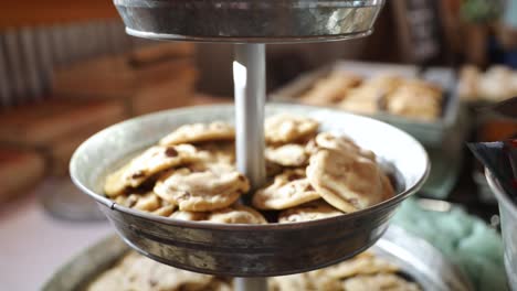 chocolate chip cookie display on tiered plates at reception event