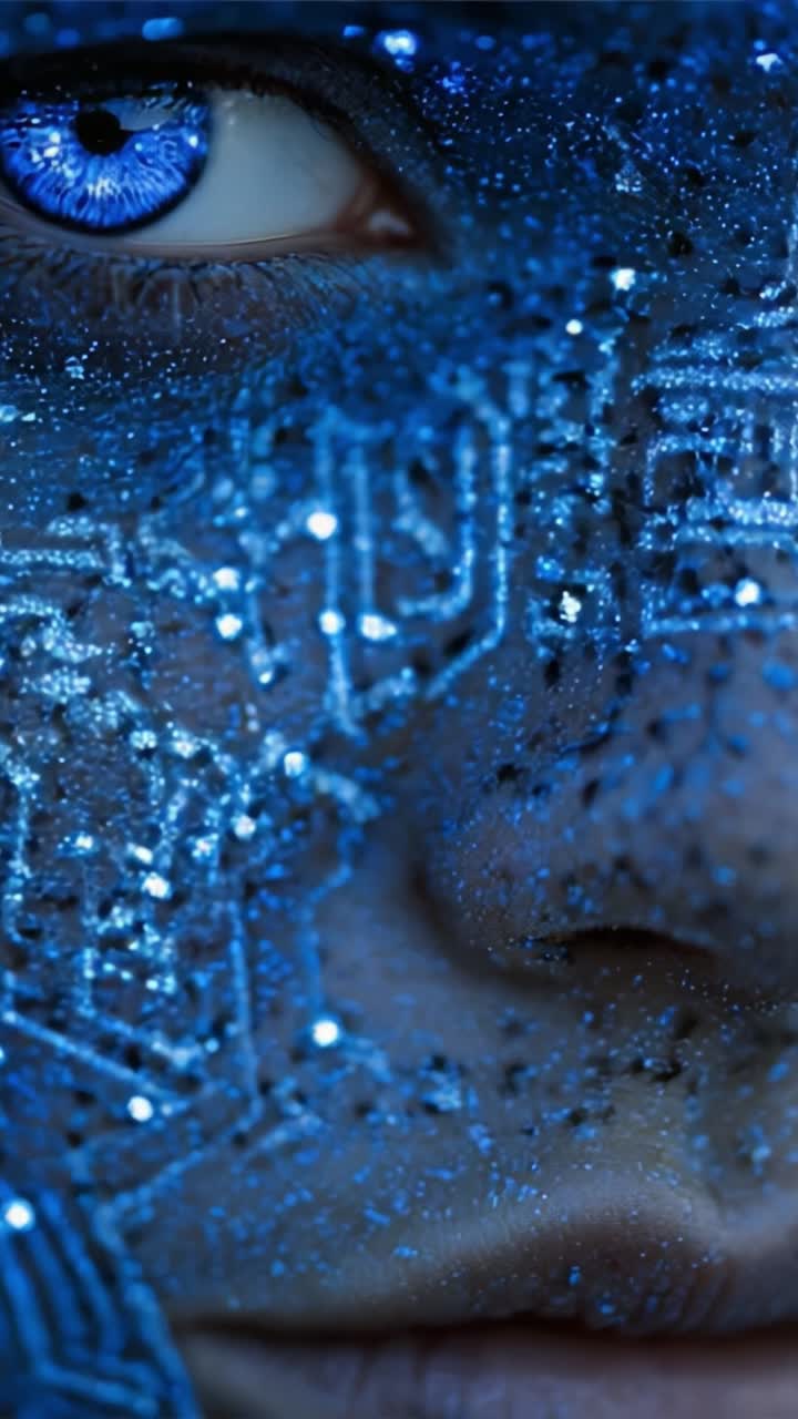 A Mesmerizing Digital Transformation: Close-Up of a Face Covered in Shimmering Blue Circuitry and Sparkling Particles, Highlighting Intricate Details and Captivating Expression