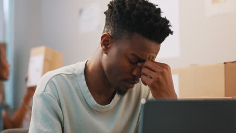 fail, stress and black man on laptop in home