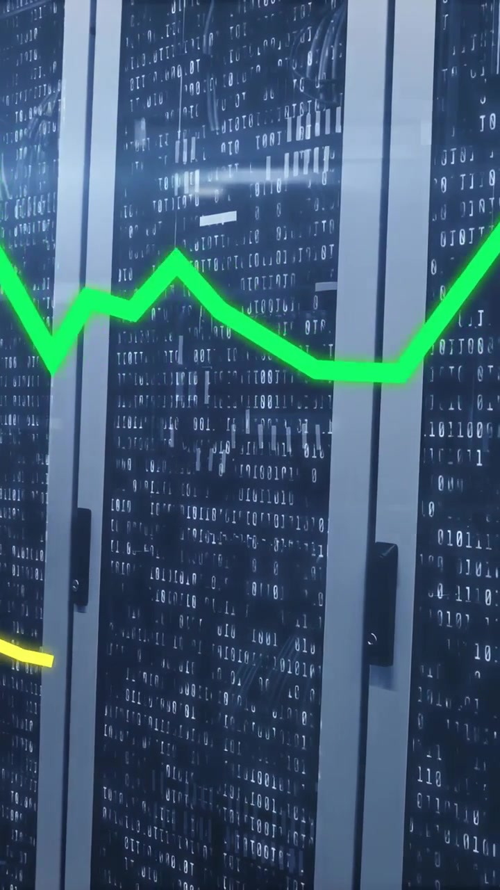 Vertical video: Tech racks reacting to data feed, showing green yellow cyan traces for monitoring