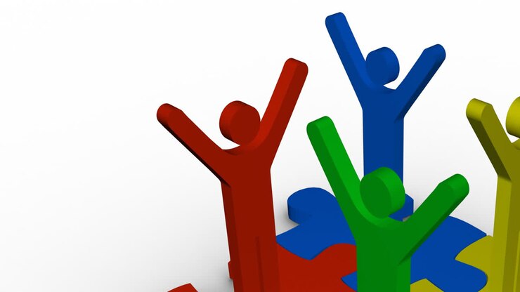 Animation of colourful people icons raising hands and standing on colourful puzzle