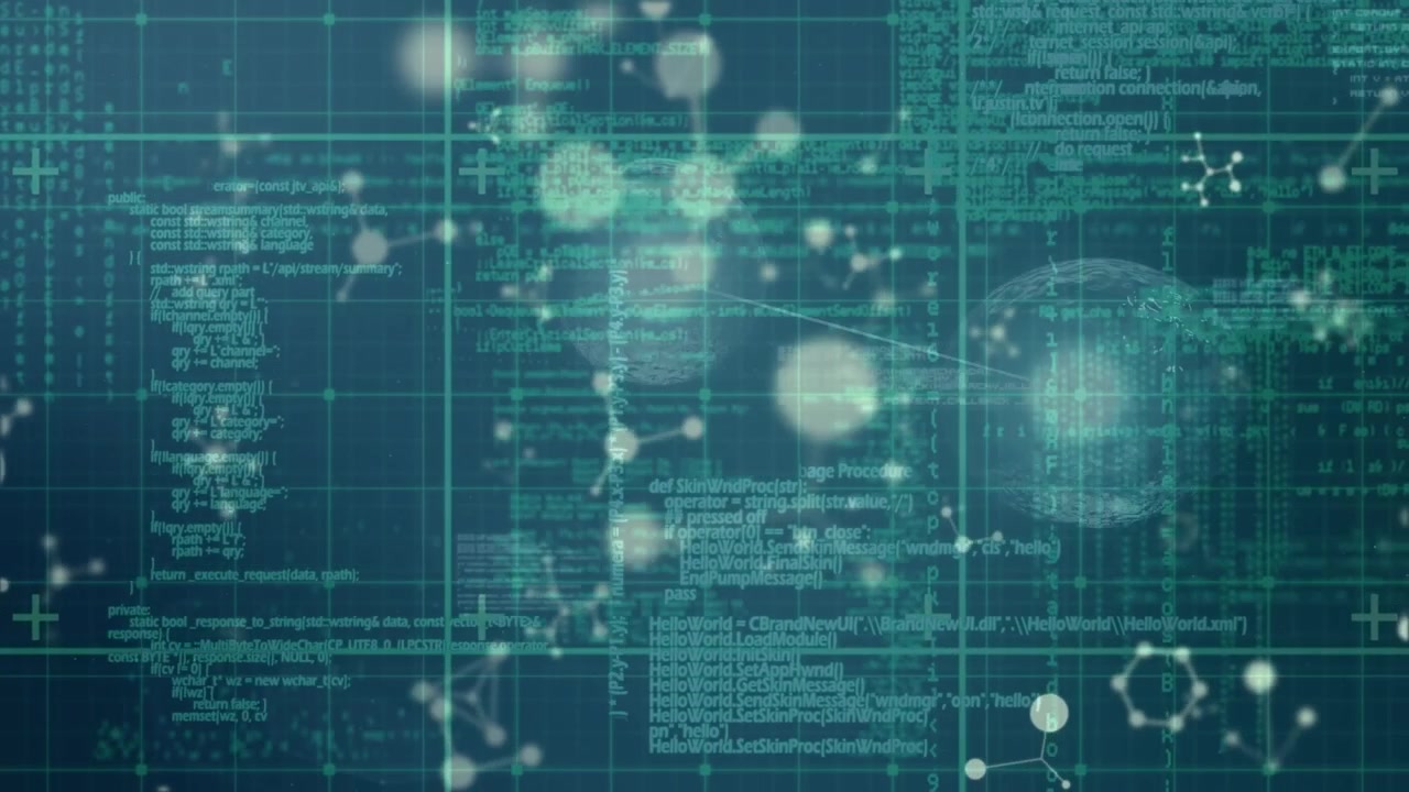 Animation of falling molecules over data processing on dark background