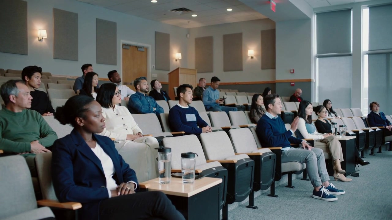 Donna in blazer che ascolta, chinandosi per seguire un discorso fuori scena in auditorium, con bottiglie in evidenza e spazio per il testo.