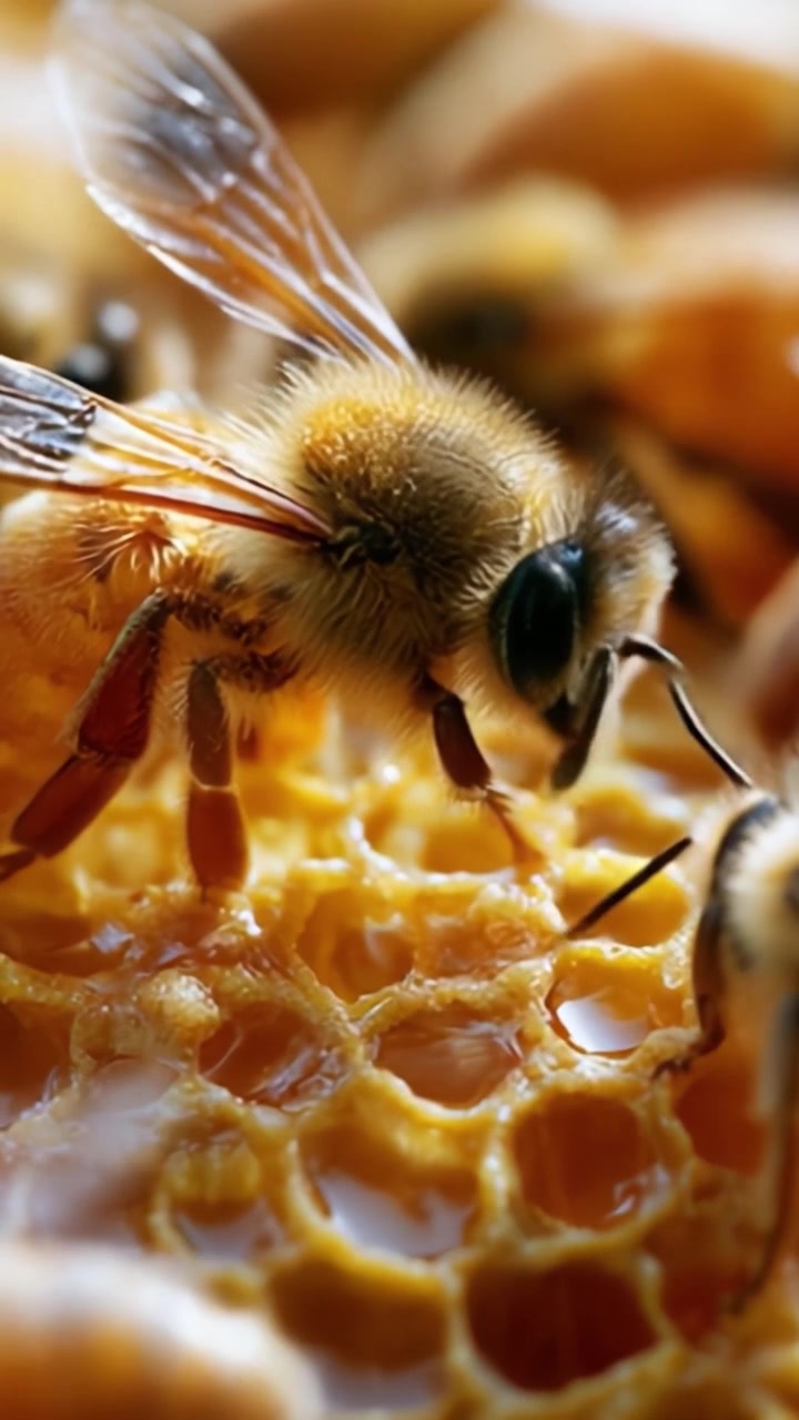 Close-Up Views of Bees on Honeycomb: Captivating Details of Pollinators at Work in Their Natural Habitat Gathering Nectar and Creating Honey.