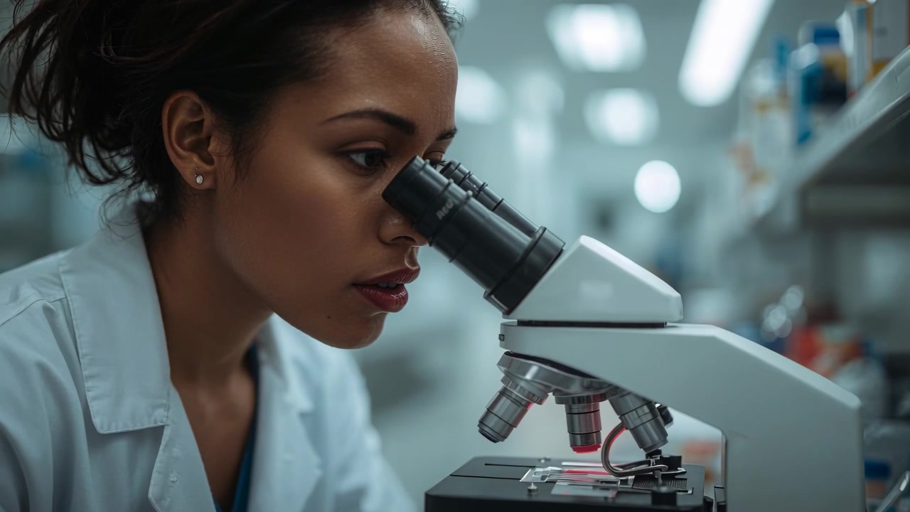 Leaning tech in lab coat peering at compound microscope at lab bench camera zooming examining slide