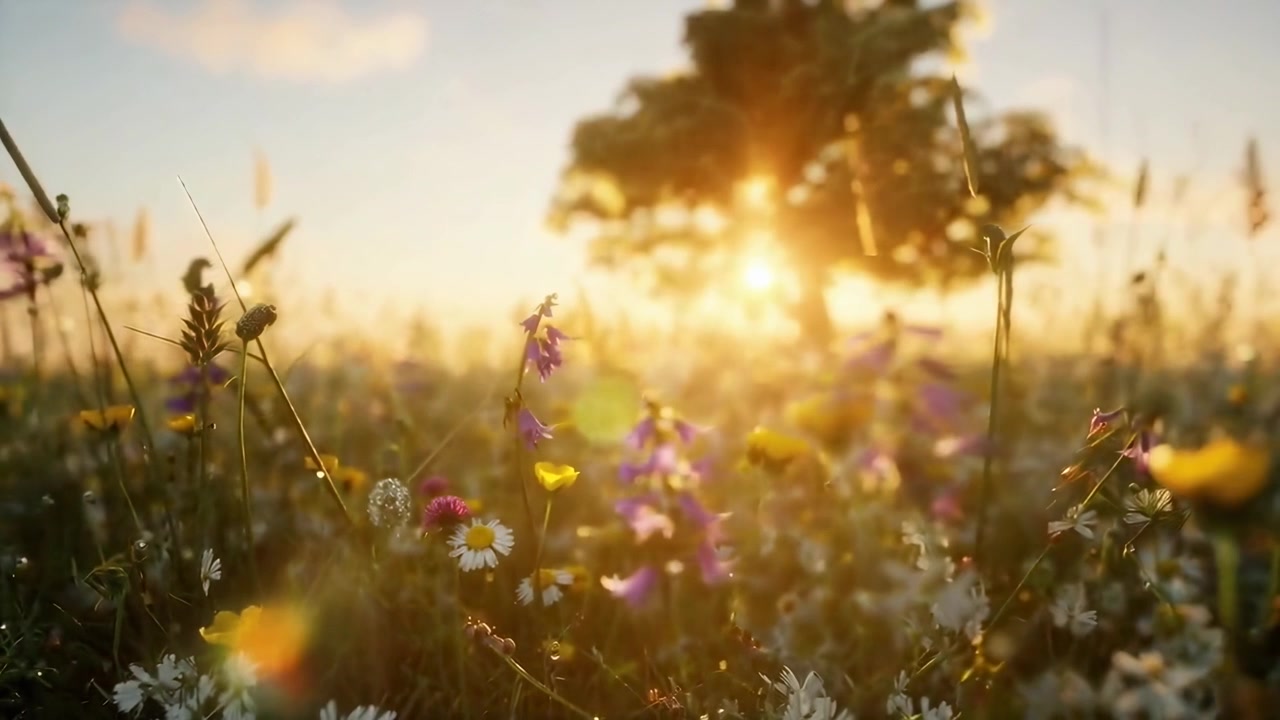 Close-up of Wildflowers in a Golden Meadow at Sunrise