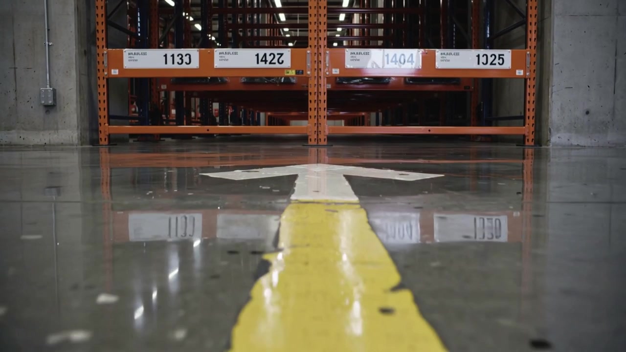 Pulling back camera revealing yellow center line and white arrow in warehouse aisle, showing racks