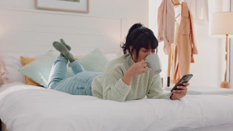 woman, coffee or phone in relax bedroom