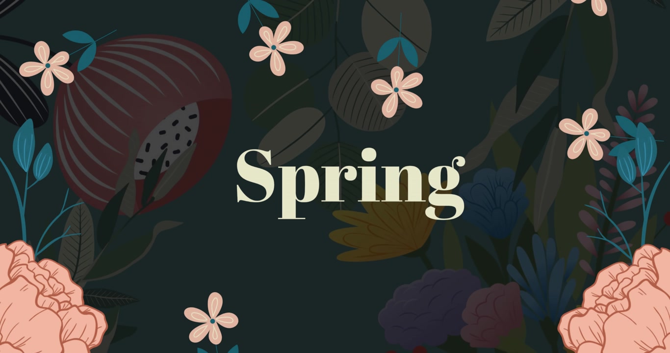 Animation of spring text, flowers and plants with copy space on black background
