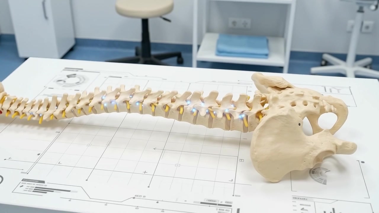 Anatomický model lidské páteře a pánve v lékařské ordinaci