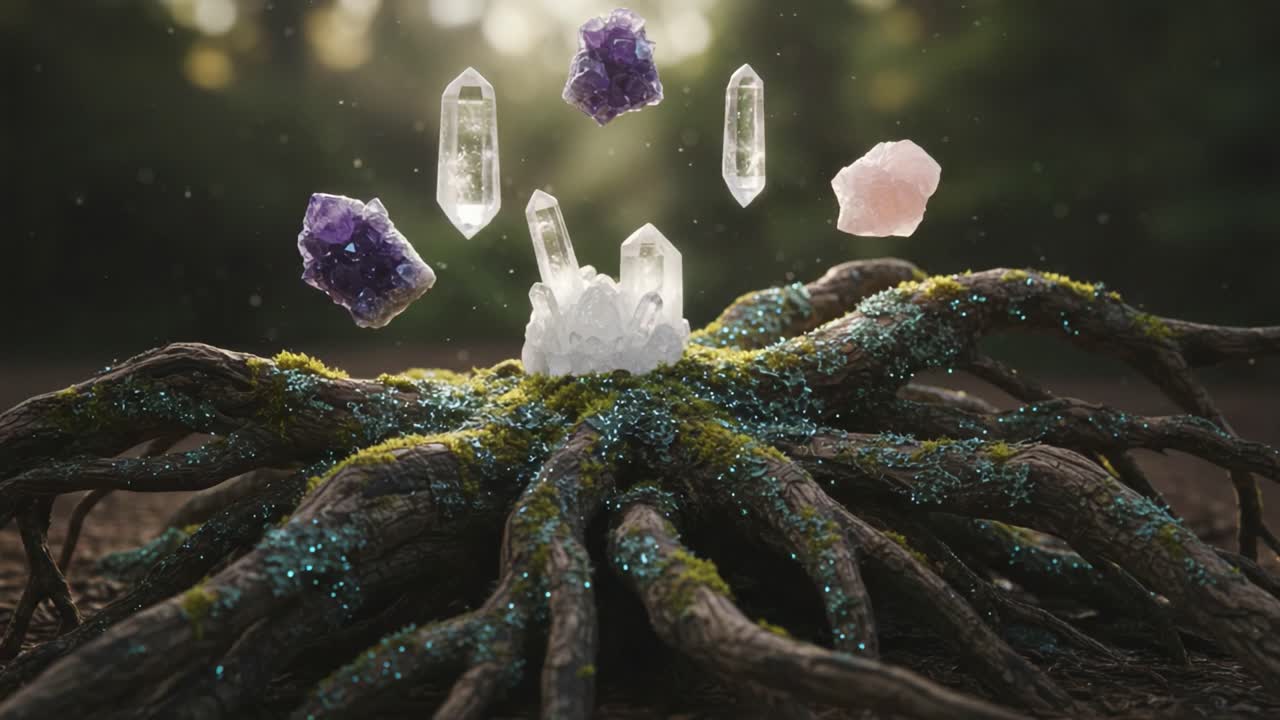 A mystical display of vibrant crystals emerging from a moss-covered root structure in a serene forest setting, highlighting their magical allure and connection to nature