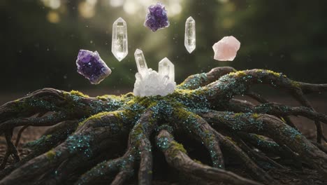 A mystical display of vibrant crystals emerging from a moss-covered root structure in a serene forest setting, highlighting their magical allure and connection to nature