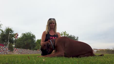 Woman-sitting-in-the-grass-with-her-recently-operated-boxer-dog