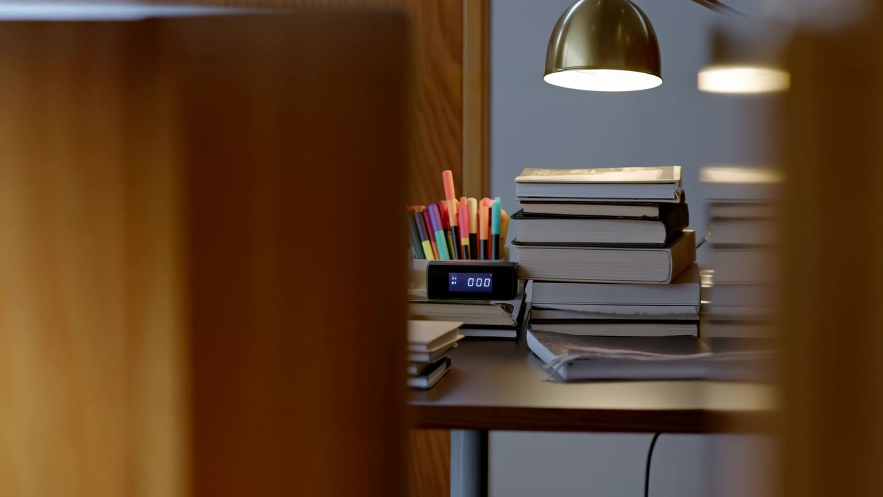 A static scene featuring a desk setup in an office or study environment, showcasing a wooden desk, a metal lamp base, a stack of paper books, and a plastic pen holder. The neutral setting.