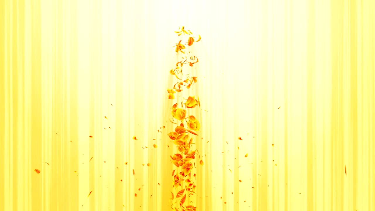 노란 잎의 소용돌이, 계절 잎의 나선형 반이는 입자, 춤추는 잎, 다채로운 자연 터널 루프 애니메이션.