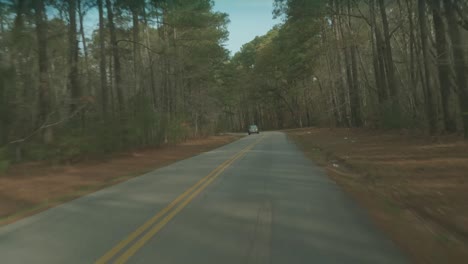 driving down a lonely back road through autumn trees