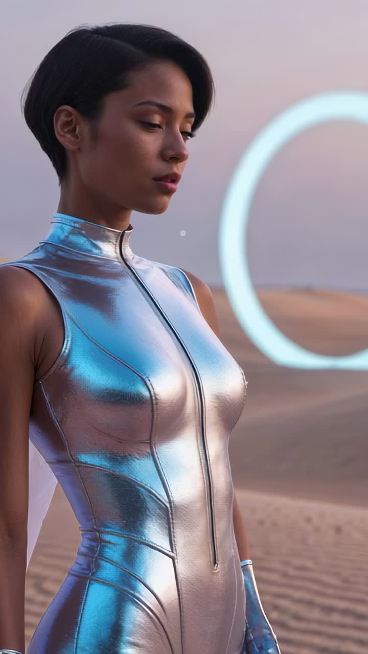 Vertical video: Seeing portal activating, woman in silver suit studying rings in desert, copy space