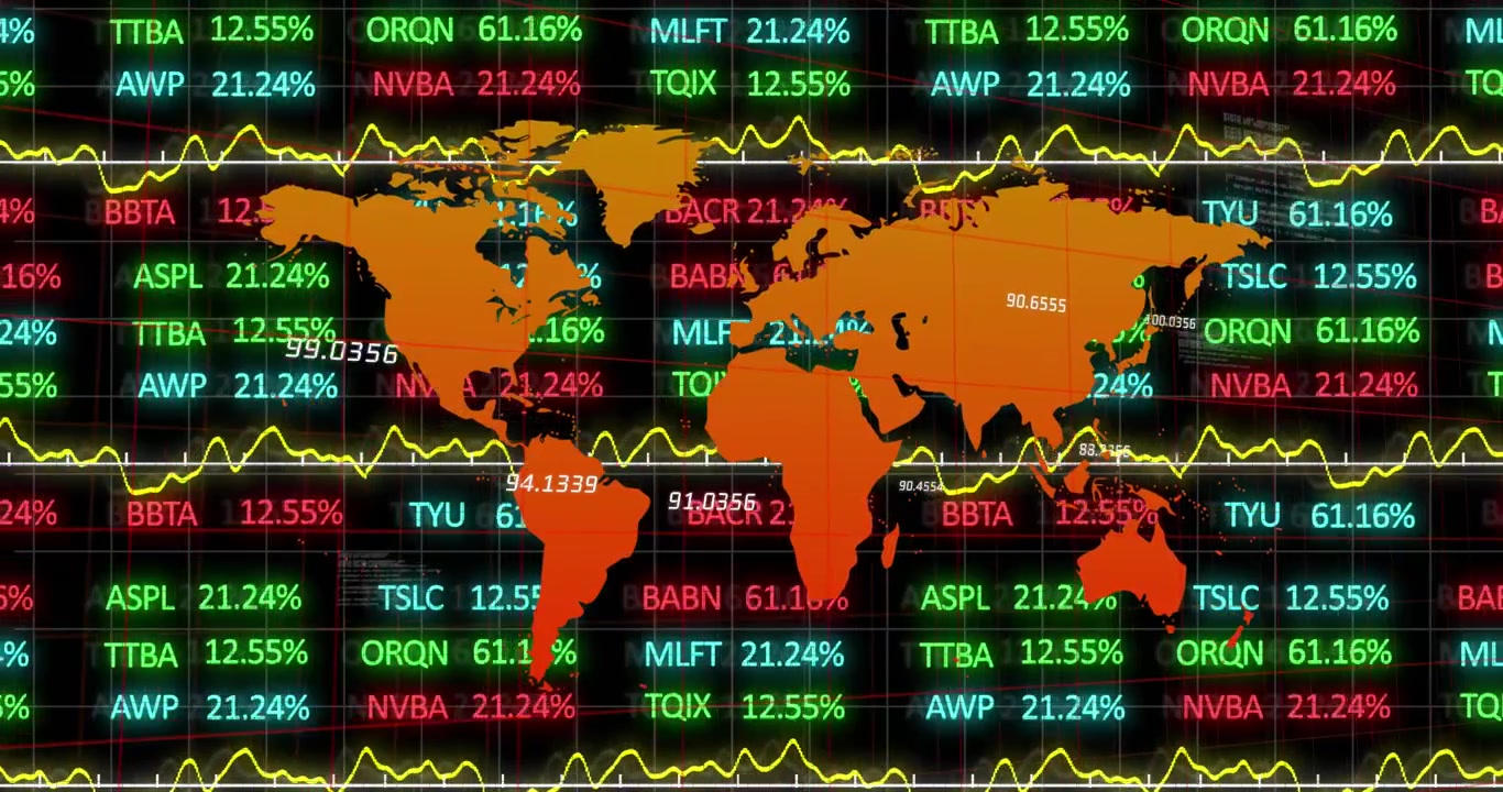 Animation of globe of connections with statistics over man and woman working in warehouse