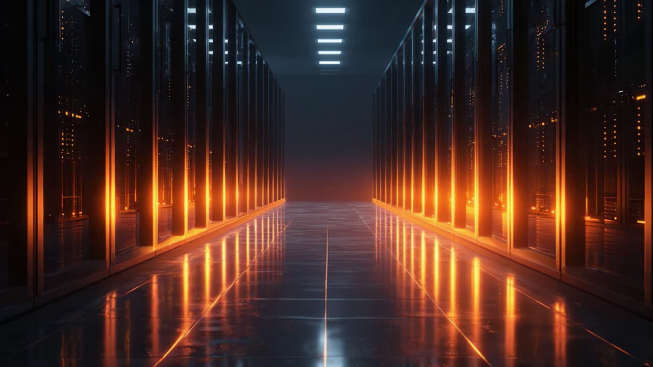 En lysende datacenterkorridor oplyst af orange lys, der reflekteres på polerede gulve, og viser rækker af højteknologiske serverreoler i et moderne anlæg.