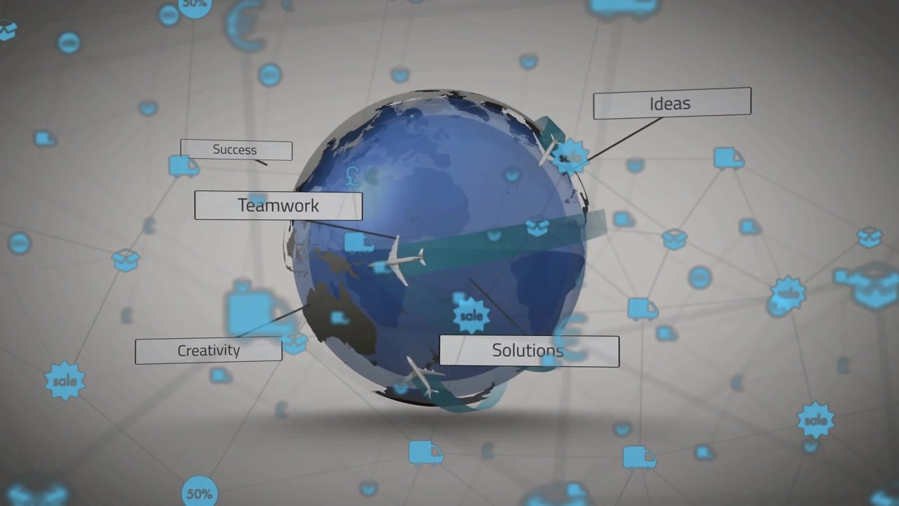 Un globo aparece con una red chispeante, mostrando iconos que etiquetan Ideas, Soluciones, Trabajo en Equipo, Creatividad y Éxito.
