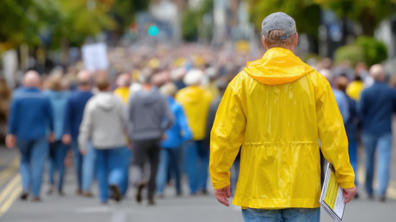A solitary figure in a yellow raincoat stands at the forefront of a large gathering of people, creating a vibrant contrast against a sea of gray jackets during an outdoor event