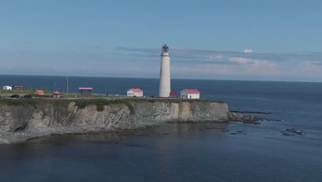 Höchster-Leuchtturm-Vor-Dem-Blauen-Himmel---Leuchtturm-Von-Cap-des-Rosiers-Auf-Der-Halbinsel-Gaspe,-Umgeben-Vom-Fluss-Saint-Lawrence-In-Quebec,-Kanada