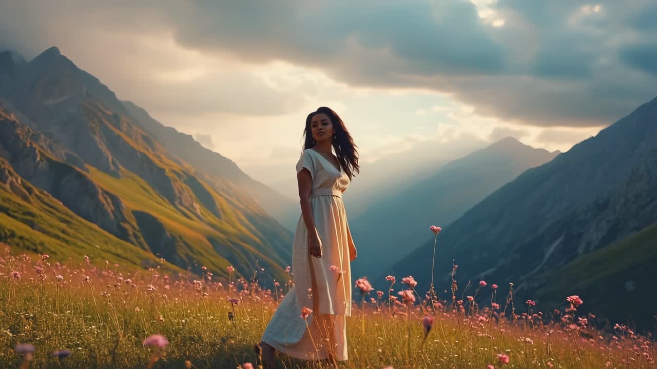 Young woman wearing a white dress standing in a field of wildflowers, admiring a stunning mountain view at sunset, embracing the beauty of nature