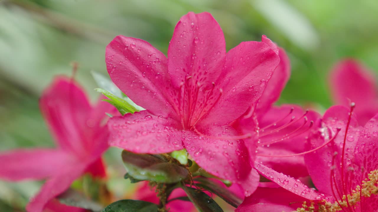 Slow motion close of a pink flower in the rain.