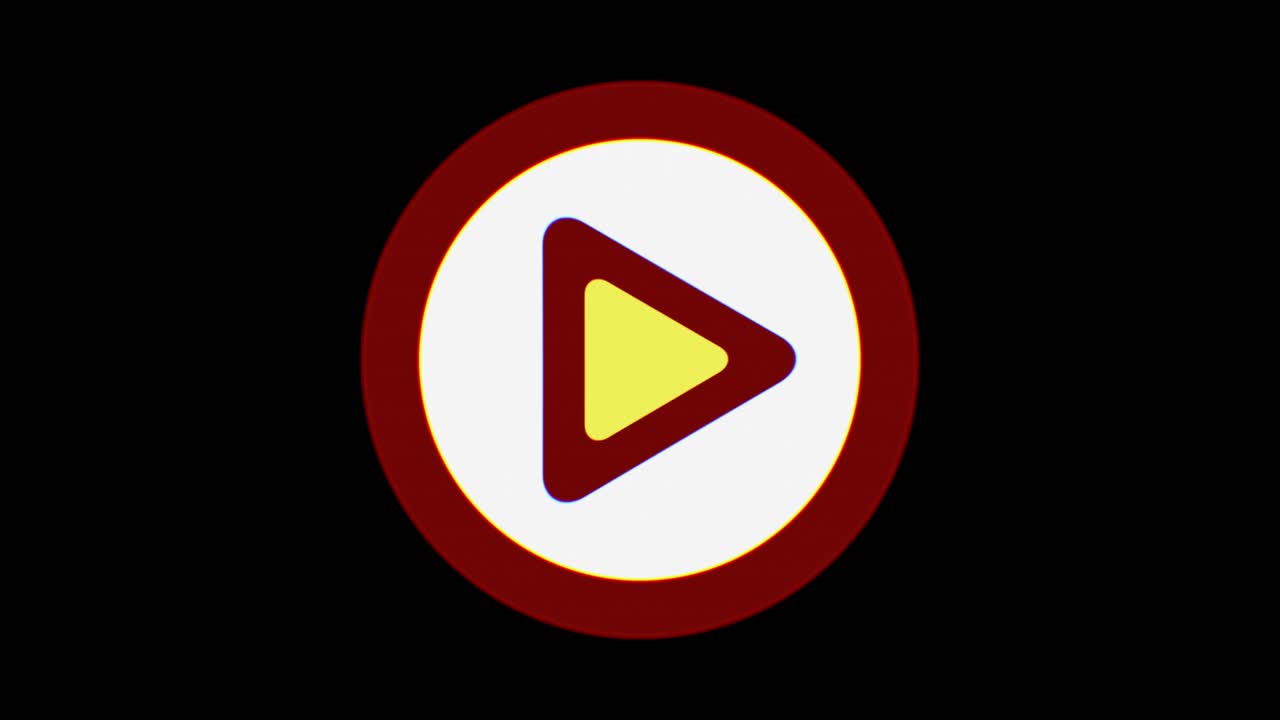Animated play button with digital glitch effects and intentional distortion. Red circular border surrounding white inner circle with yellow triangular icon, on black background. Tech trouble.