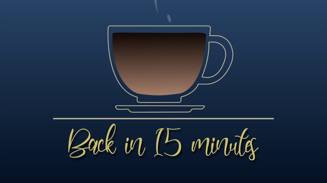 파란색 배경에 있는 주전자에서 커피 컵을 채우는 매끄럽고 재미있는 애니메이션 선 그리기 모션 그래픽, 15분 안에 메시지가 다시 표시되어 프레젠테이션 및 기업 교육일에 이상적