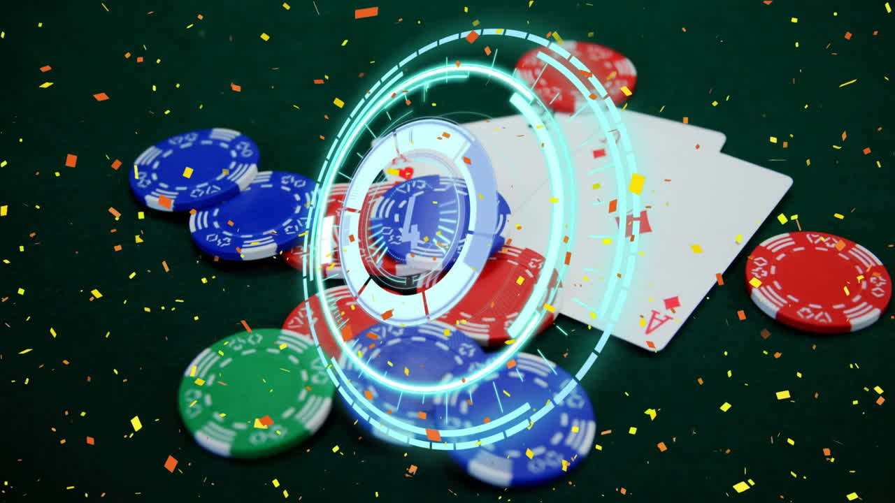 Animazione di scansione con mirino e coriandoli su carte da gioco e fiches da casinò