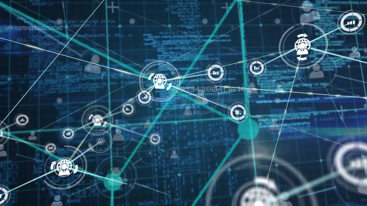 Animation of network of digital icons and data processing over gird network against blue background