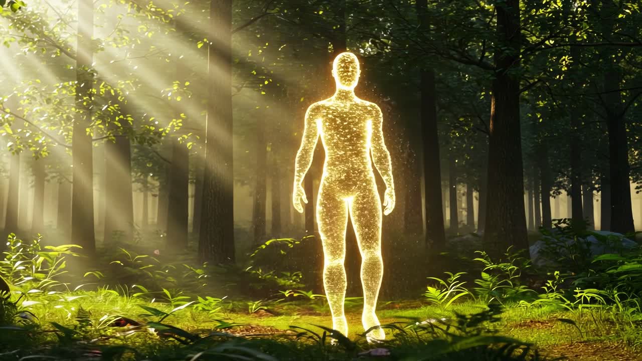 A radiant golden figure gracefully strolls through a tranquil forest, bathed in the warm glow of morning sunlight streaming down