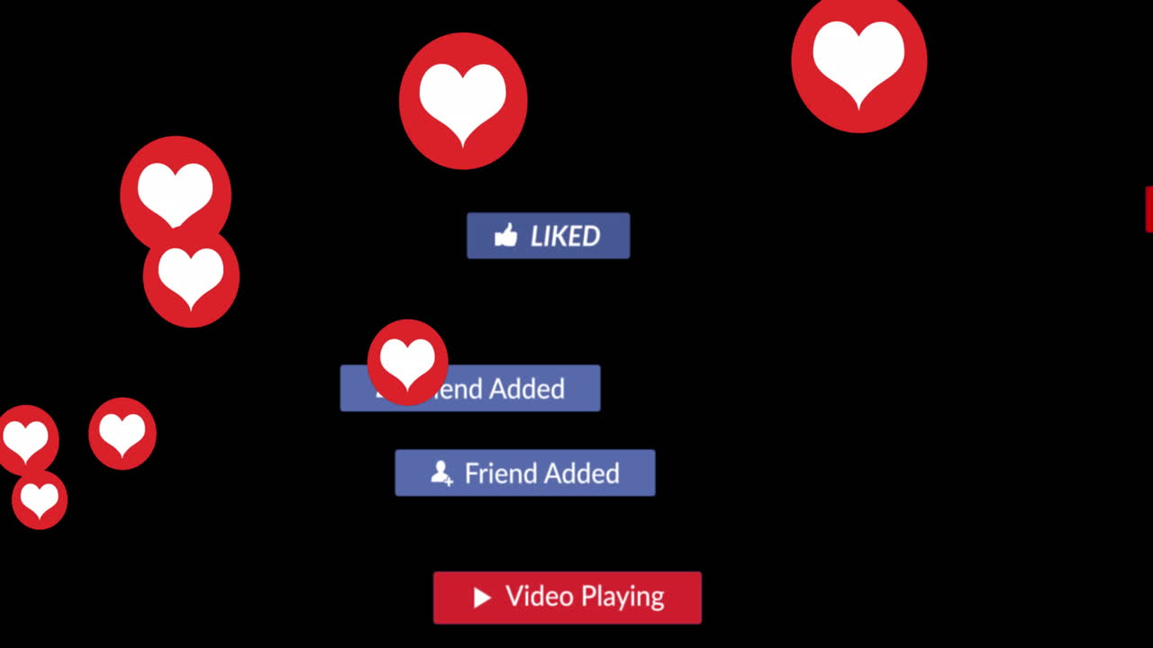 검은 바탕 위에 떨어지는 소셜 미디어 아이콘과 이모티콘의 애니메이션