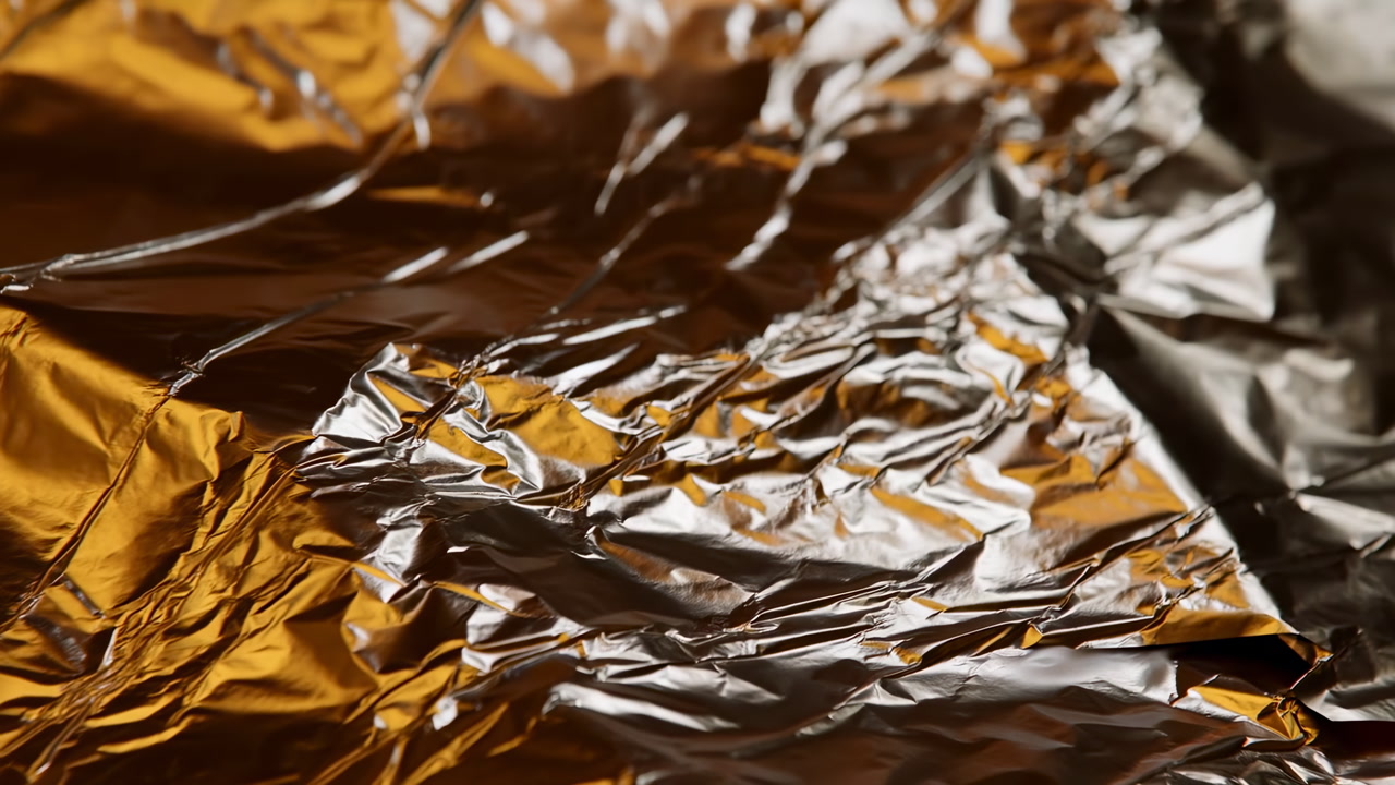 Gold Foil Texture Closeup Revealing Shimmering Highlights And Deep Shadows, Cinematic Macro Study Of Crumpled