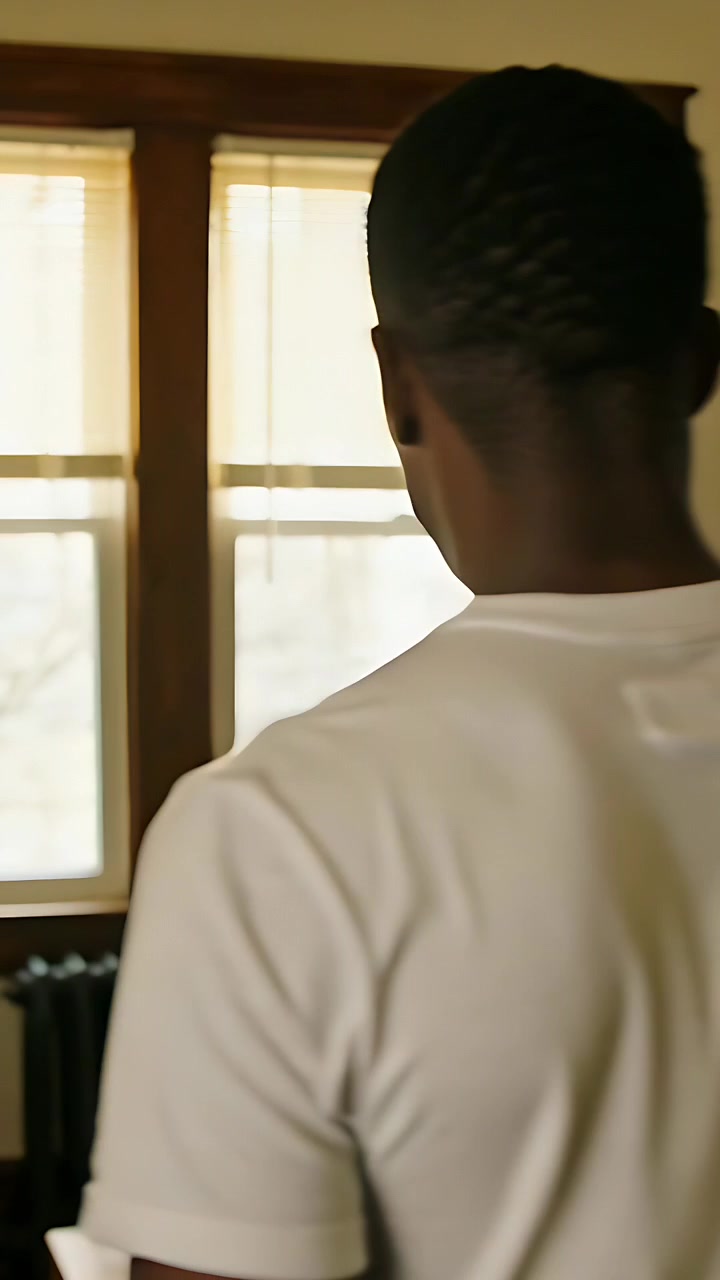 Vertical video: Camera moving as teen in white tee turning to window, radiator at home, copy space