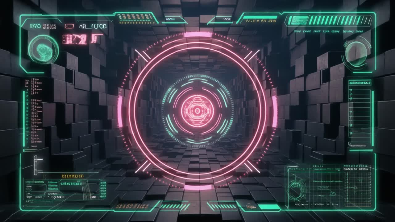 Animated Futuristic HUD Interface with Target in Abstract Tunnel