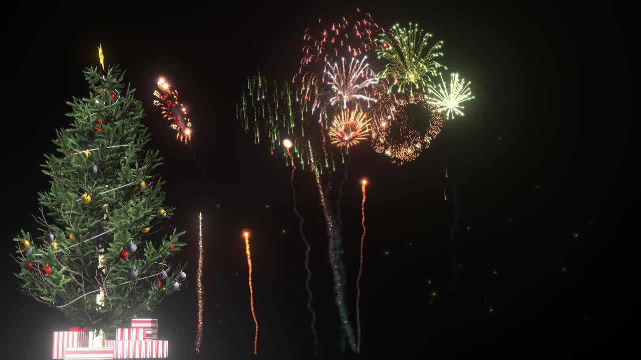 explosiones de fuegos artificiales sobre fondo negro con estrellas brillantes y un árbol de navidad con regalos, animación 3d, fuegos artificiales animados