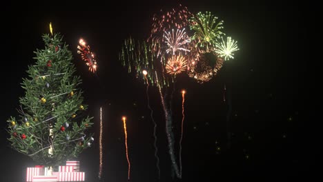 Feuerwerksexplosionen-Auf-Schwarzem-Hintergrund-Mit-Glitzernden-Sternen-Und-Einem-Weihnachtsbaum-Mit-Geschenken,-3D-Animation,-Animiertes-Feuerwerk