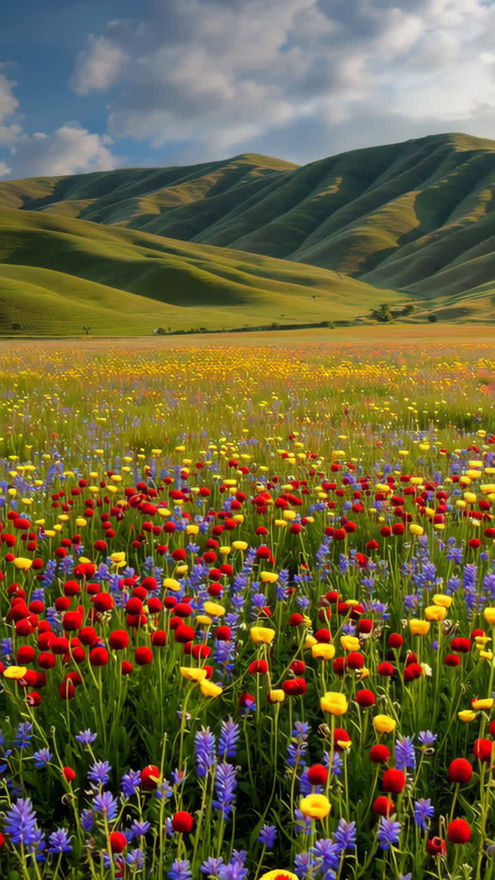 Vibrant Wildflower Field with Rolling Green Hills