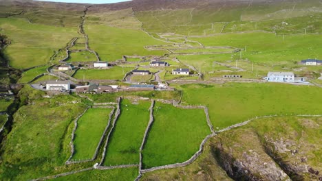 aerial view of an irish village wih typical stone walls