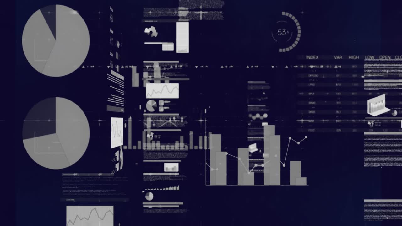 animación de múltiples gráficos, base de datos y tablero de negociación contra un fondo azul.