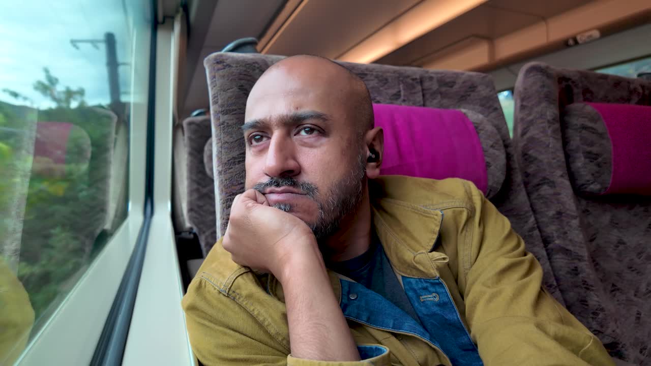 Thoughtful individual gazing outside of a train window immersed in reflective thoughts.