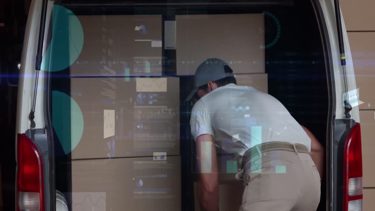 animación del procesamiento de datos financieros sobre el repartidor descargando el coche fuera del almacén