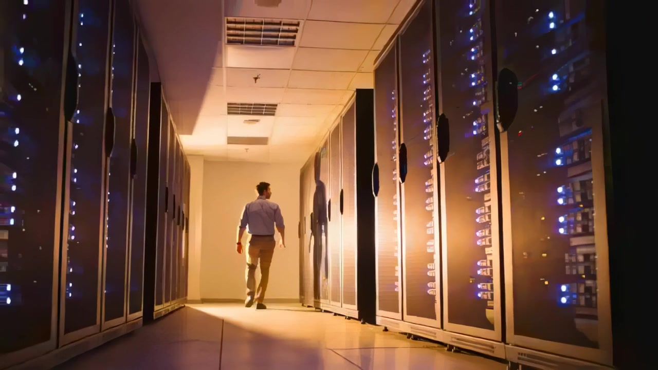 Walking tech entering aisle, wearing khaki trousers, checking server racks in data center with LEDs